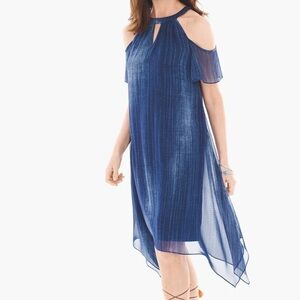 Chicos Women Sz 0.5 US S/6 Indigo Cold-Shoulder Handkerchief Hem Keyhole Dress